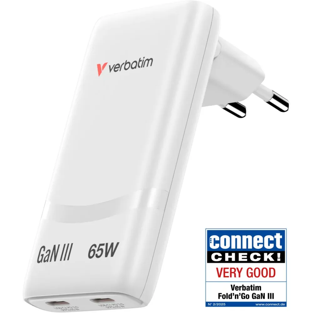 Ładowarka sieciowa Verbatim GaN Fold'n'Go 65W ANVE32355PLG - 2x USB-C, PD 3.0, Biała
