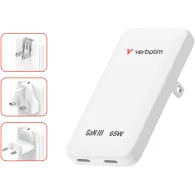 Ładowarka sieciowa Verbatim Essentials Slim GaN 65W 30281 - 2x USB-C, PD 3.0, Biała