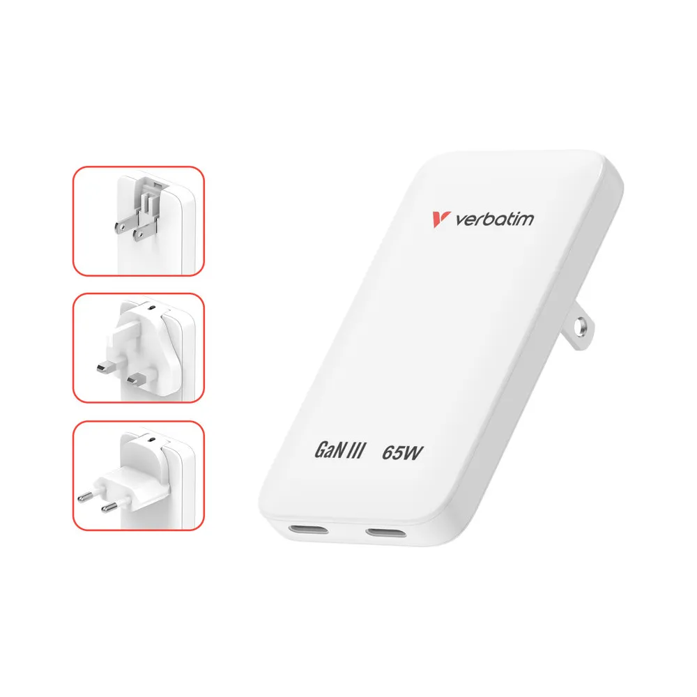 Ładowarka sieciowa Verbatim Essentials Slim GaN 65W 30281 - 2x USB-C, PD 3.0, Biała