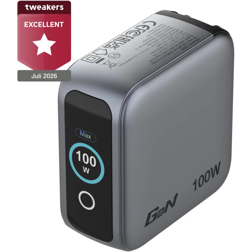 Ładowarka sieciowa Verbatim Mini GaN 100W Smart TFT ANVE30239PLG - 2x USB-C, 1x USB-A, UE/UK/USA, Szara