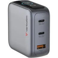Ładowarka sieciowa Verbatim Mini GaN 100W Smart TFT ANVE30239PLG - 2x USB-C, 1x USB-A, UE/UK/USA, Szara