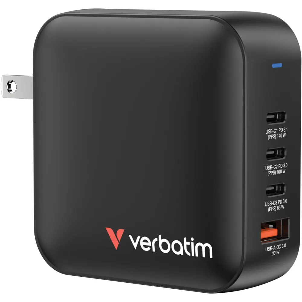Ładowarka sieciowa Verbatim Mini GaN 165W 32216 - 3x USB-C, 1x USB-A, PD 3.0, Czarna