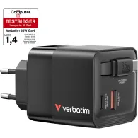 Ładowarka sieciowa Verbatim GaN 65W 32217 - 1x USB-C, 1x USB-A, PD 3.0, QC 3.0, z kablem USB-C, Czarna