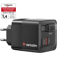 Ładowarka sieciowa Verbatim GaN 65W 32217 - 1x USB-C, 1x USB-A, PD 3.0, QC 3.0, z kablem USB-C, Czarna