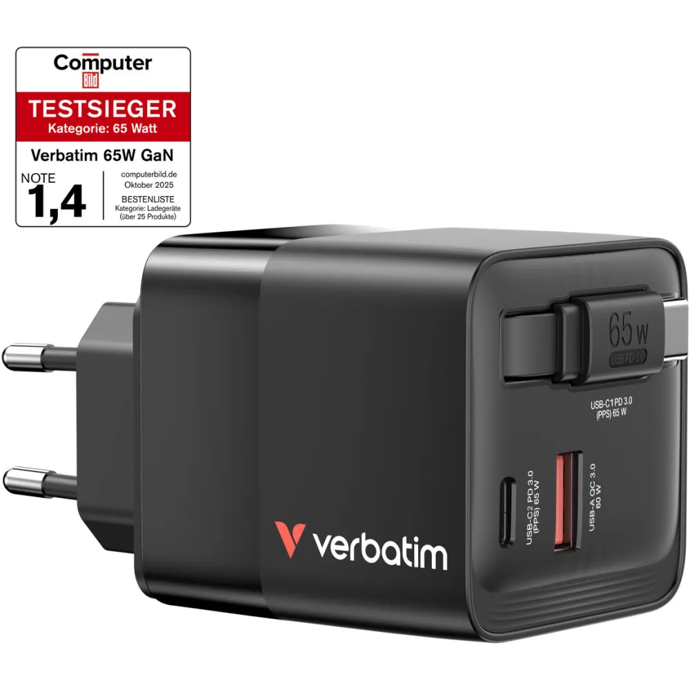 Ładowarka sieciowa Verbatim GaN 65W 32217 - 1x USB-C, 1x USB-A, PD 3.0, QC 3.0, z kablem USB-C, Czarna