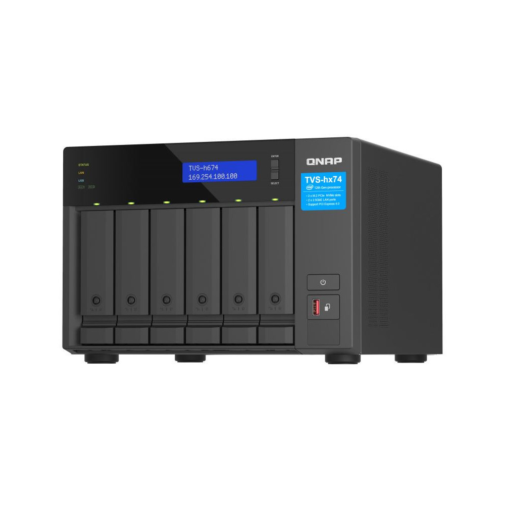 Zdjęcie produktu Serwer NAS QNAP Tower TVS-H674-I3-Q7D - Tower/Intel Core i3-12100/16 GB RAM/12 TB/6 wnęk/2 x M.2/hot-swap/3 lata Door-to-Door