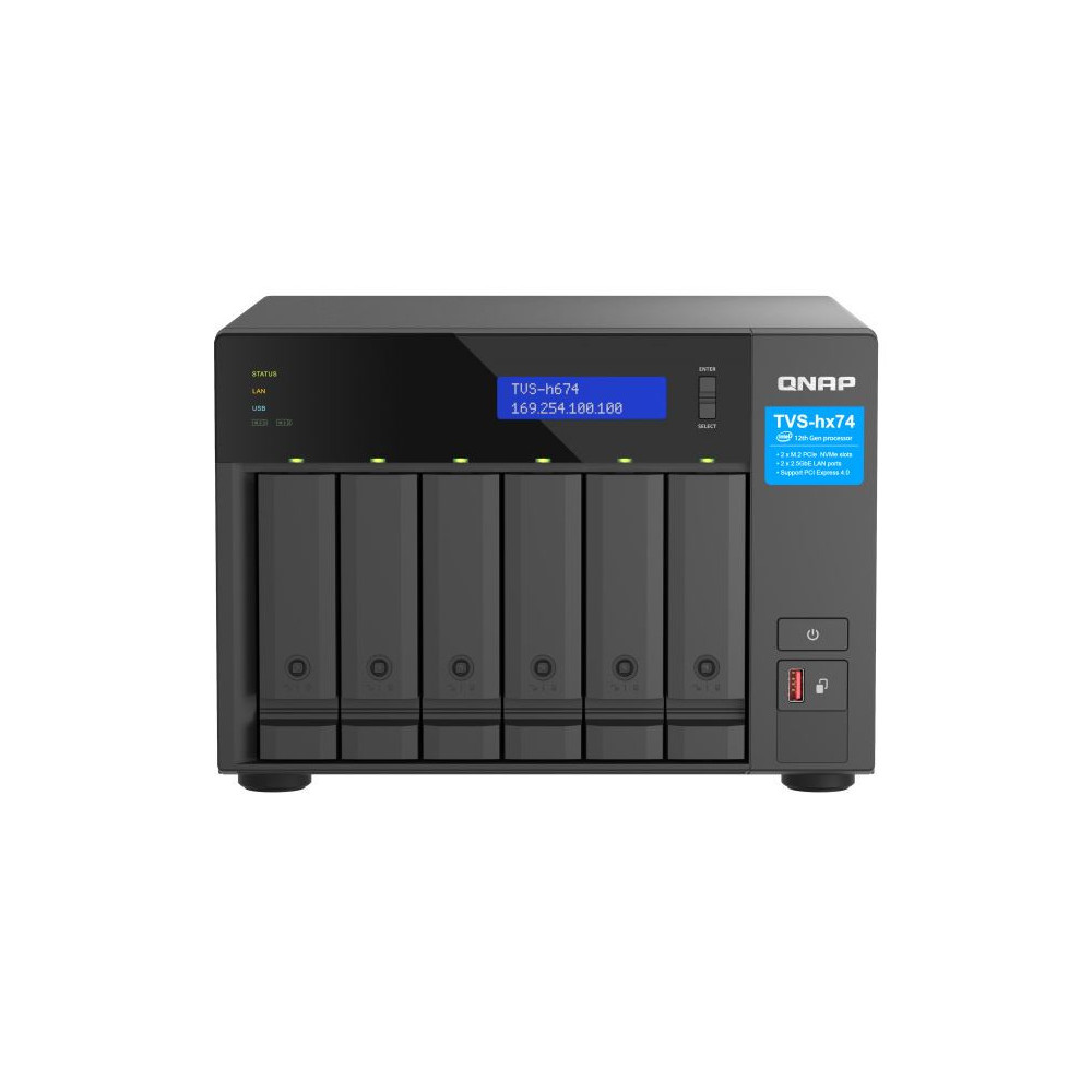 Zdjęcie produktu Serwer NAS QNAP Tower TVS-H674-I3-Q7D - Tower/Intel Core i3-12100/16 GB RAM/12 TB/6 wnęk/2 x M.2/hot-swap/3 lata Door-to-Door