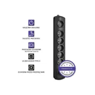 Listwa antyprzepięciowa zasilająca Qoltec 50111 - 6 gniazd, 1,8 m, Czarna