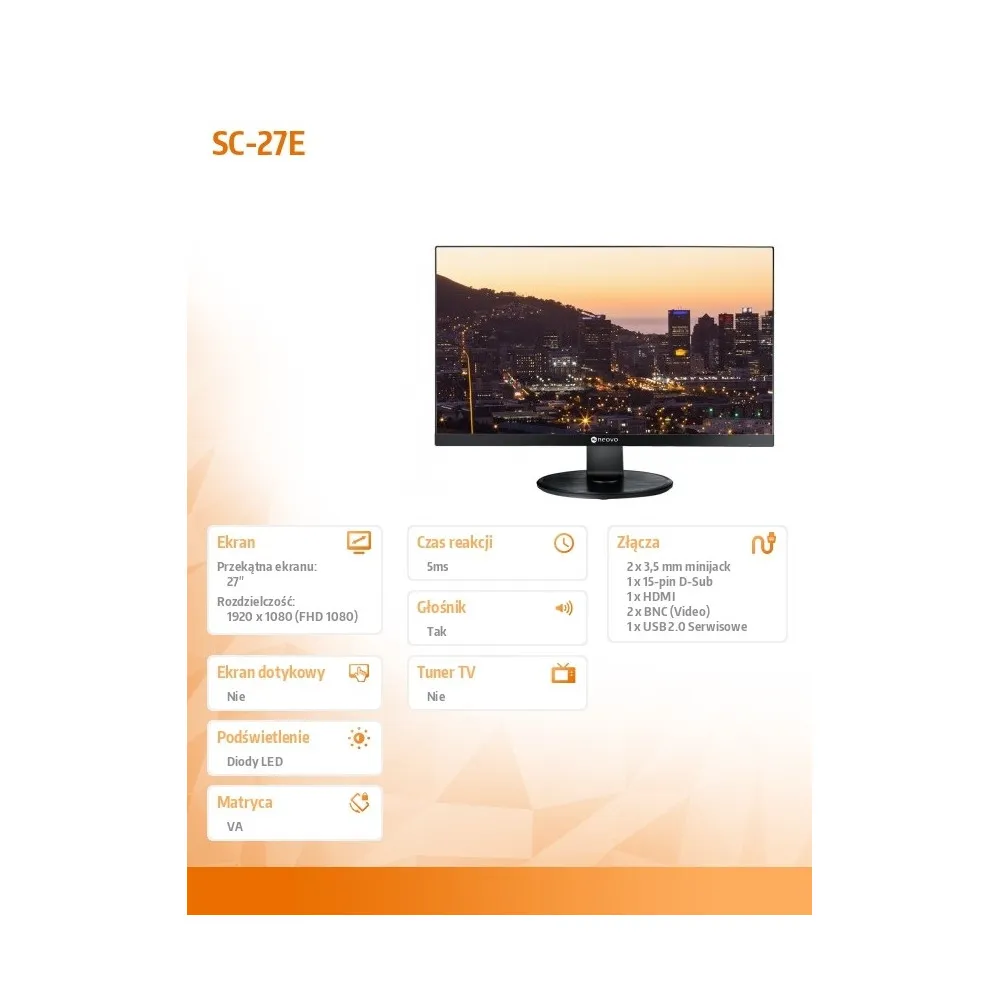 Zdjęcie produktu Monitor AG Neovo SC-27E - 27"/1920x1080 (Full HD)/75Hz/VA/5 ms/Czarny