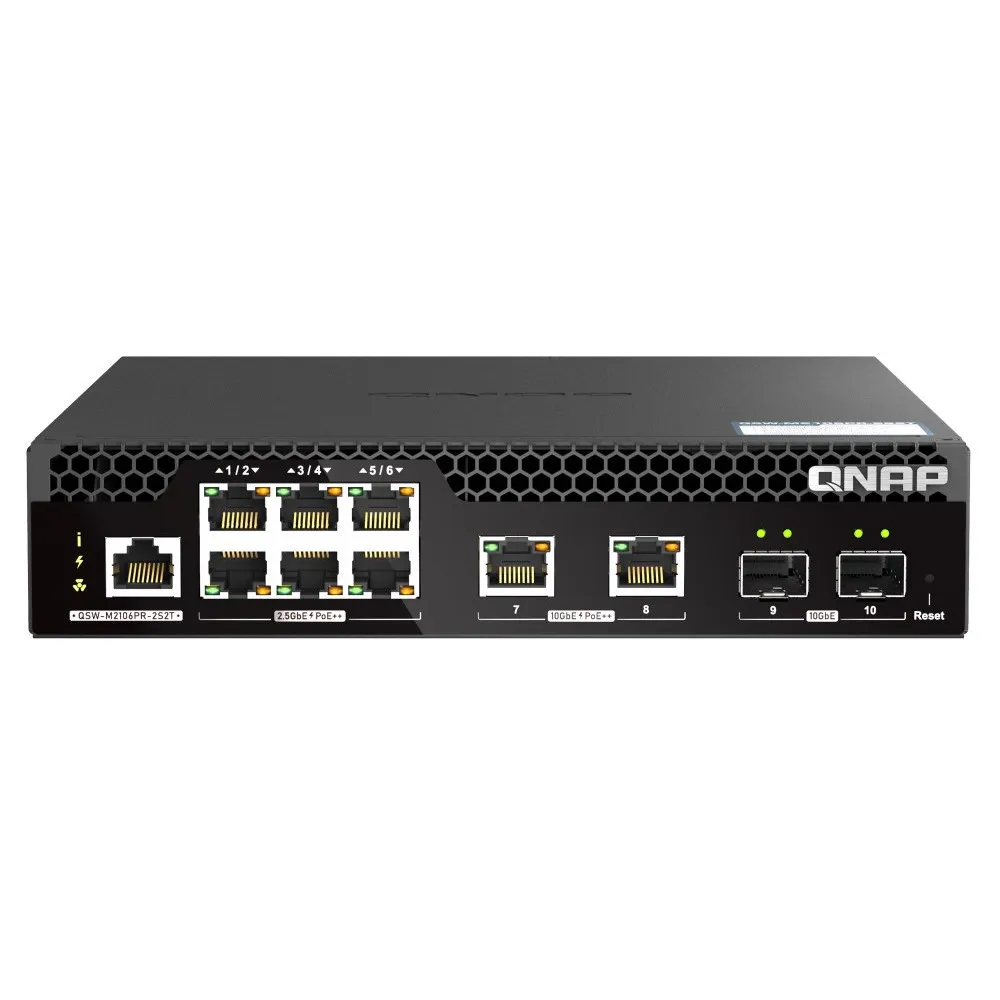 Switch zarządzalny QNAP QSW-M2106PR-2S2T, 6x 2.5GbE RJ45, 2x 10GbE RJ45, 2x 10GbE SFP+, PoE+ 90W | Sklep ITnes.pl, IT for BUSINE