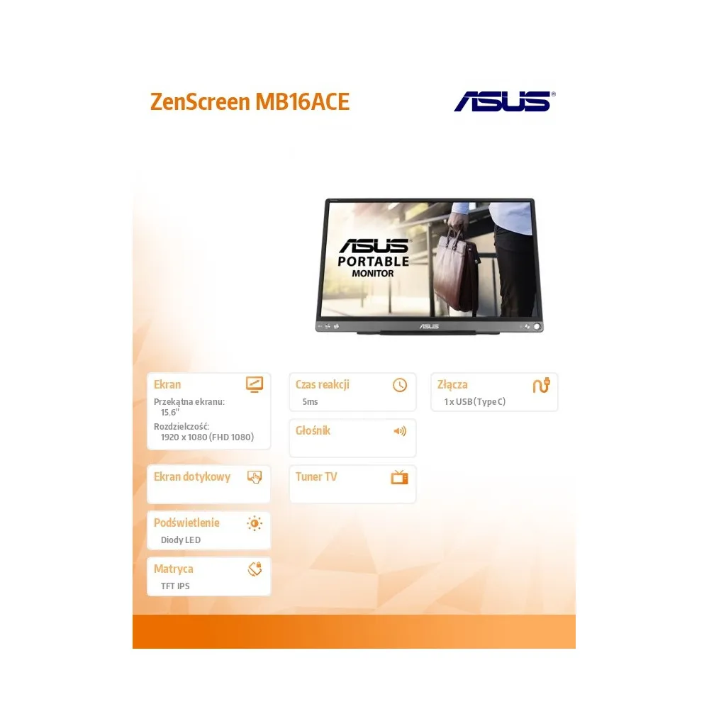 Monitor ASUS ZenScreen MB16ACE - 15,6"/1920x1080 (Full HD)/70Hz/IPS/5 ms/pivot/USB-C/Szary - zdjęcie
