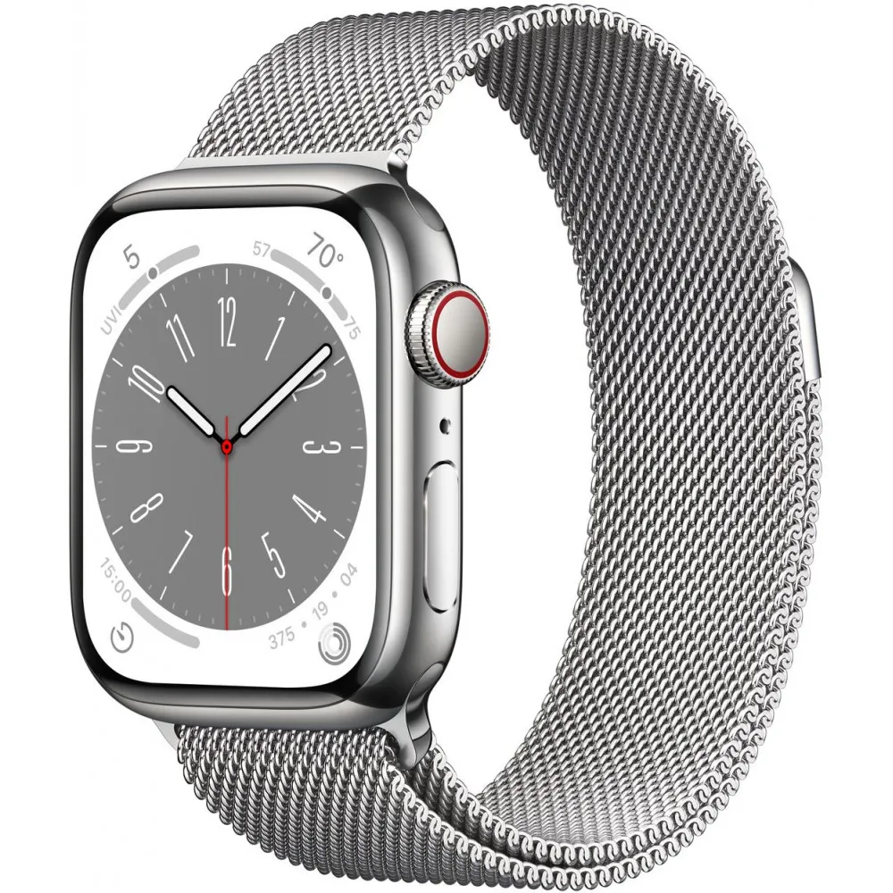 Smartwatch Apple Watch Series 8 45mm GPS + Cellular stal nierdzewna srebrny z bransoletą mediolańską srebrną - MNKJ3WB/A | Sklep