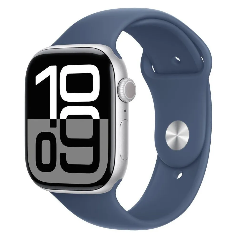 Smartwatch Apple Watch 10 MWWL3QI/A - GPS, 46 mm, srebrne aluminium z paskiem sportowym w kolorze denim, S|M