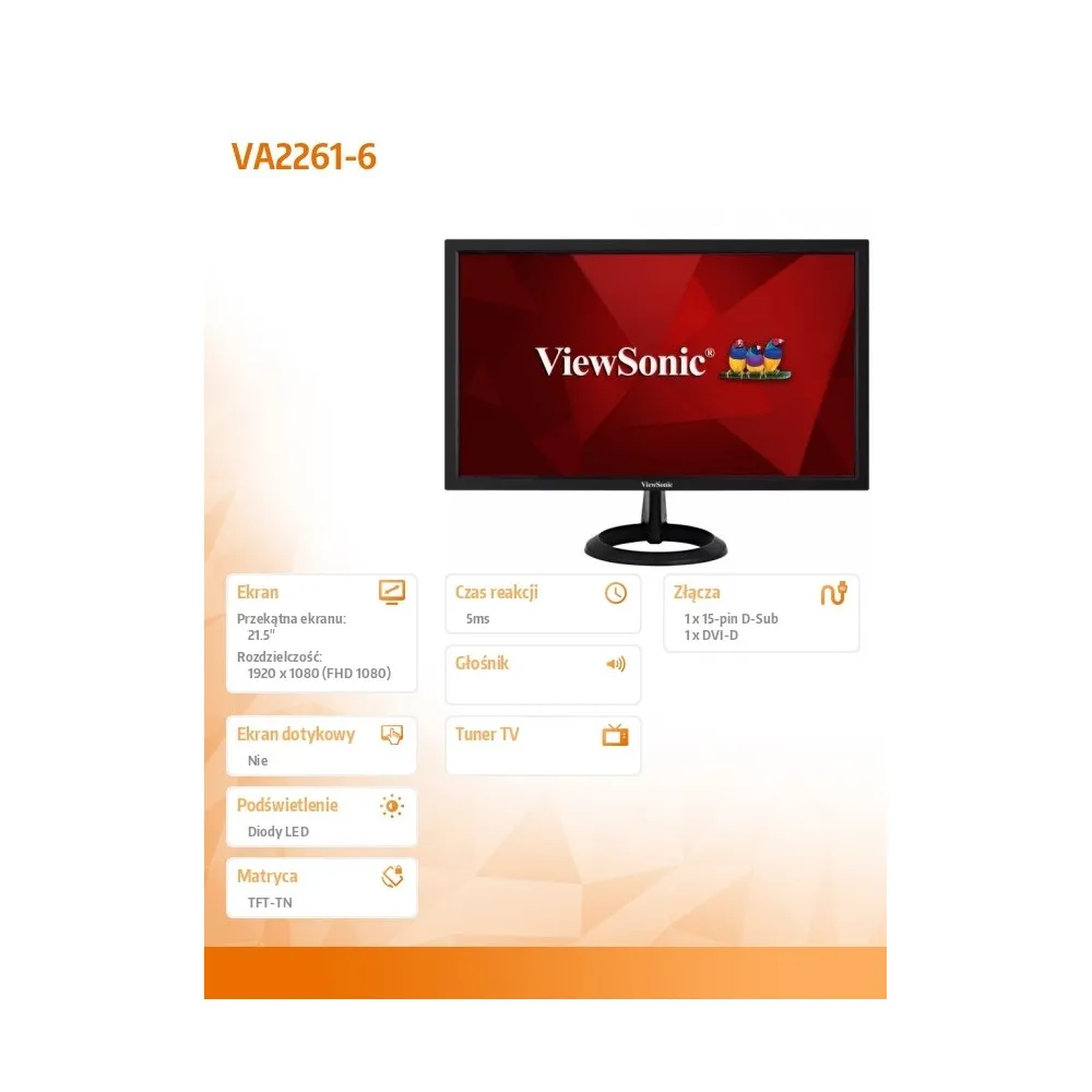 Zdjęcie produktu Monitor ViewSonic VA2261-6 1DD135 - 22"/1920x1080 (Full HD)/75Hz/TN/5 ms/Czarny