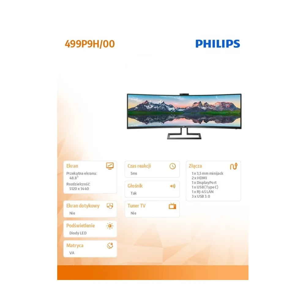 Monitor Philips 499P9H/00 - 48,8"/5120x1440/70Hz/32:9/zakrzywiony/VA/HDR/5 ms/kamera/USB-C/Czarny - zdjęcie