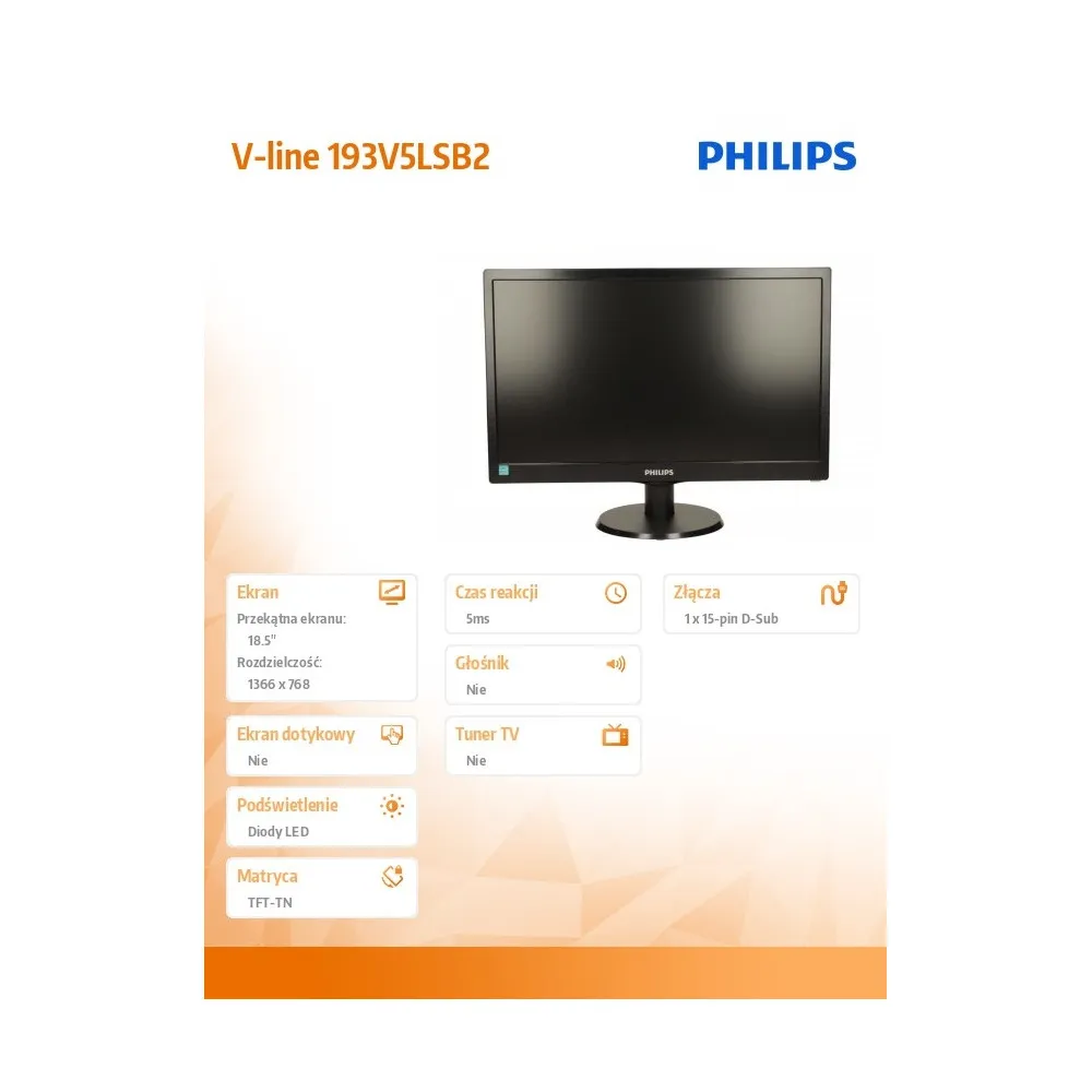 Monitor Philips V-line 193V5LSB2 193V5LSB2/10 - 18,5"/1366x768 (HD)/60Hz/TN/5 ms/Czarny - zdjęcie
