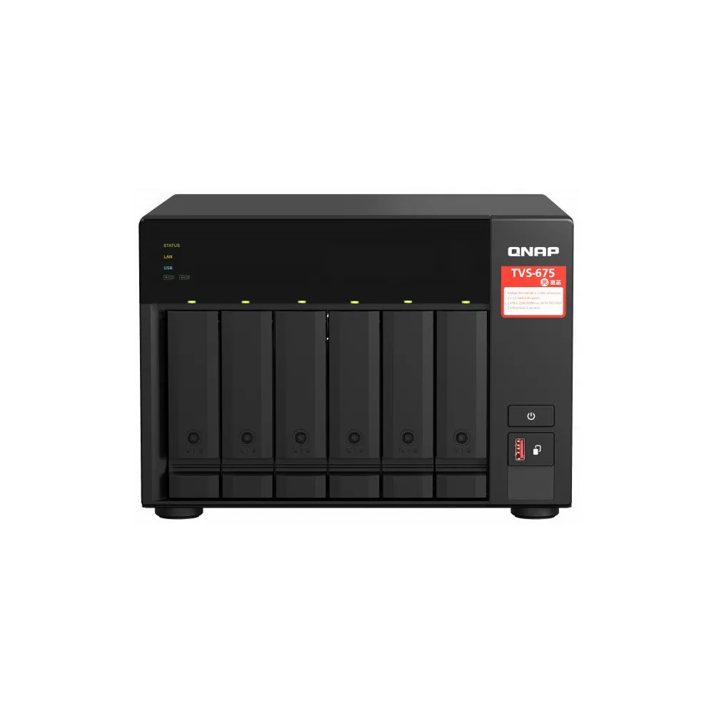 Serwer NAS QNAP Tower TVS-675-PE6E - Tower/ZhaoXin KX-U6580/64 GB RAM/32 TB/1 TB cache/6 wnęk/2 x M.2/hot-swap - zdjęcie
