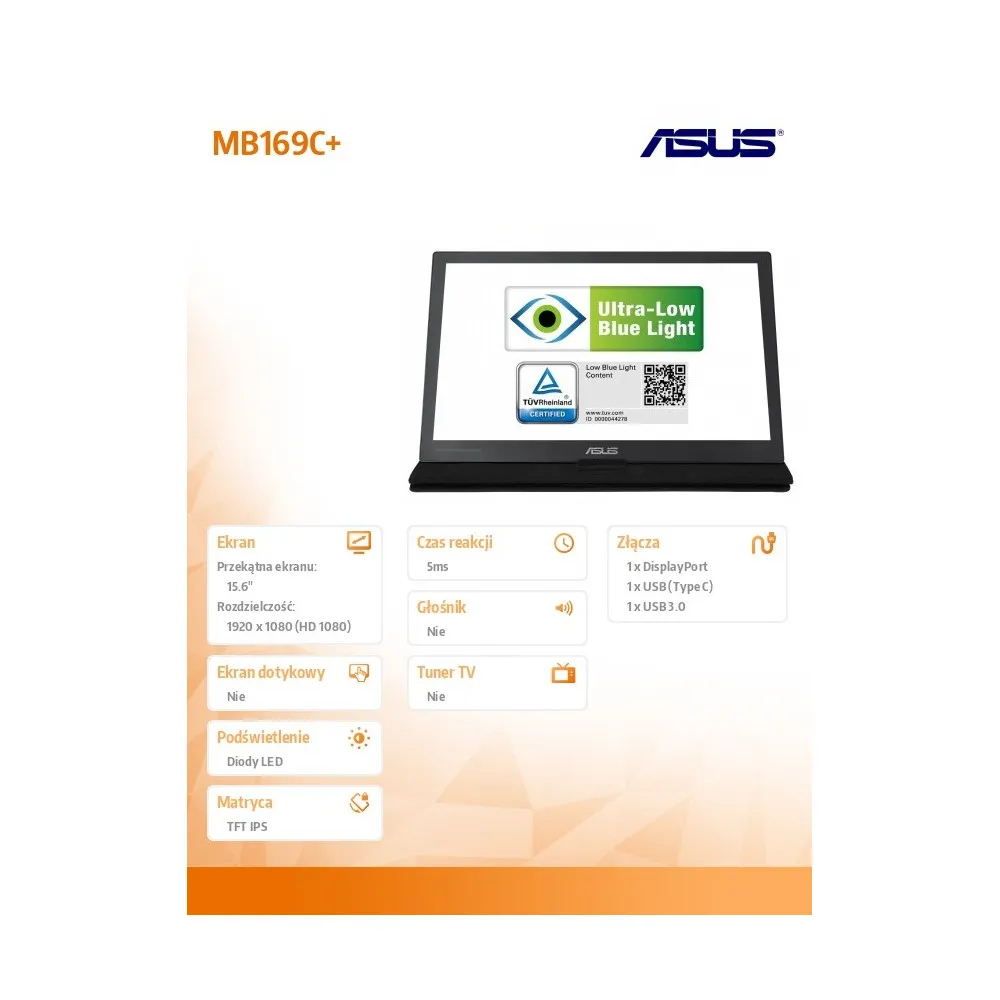 Monitor ASUS MB169C+ 90LM0180-B01170 - 15,6"/1920x1080 (Full HD)/60Hz/IPS/5 ms/USB-C/Szary - zdjęcie