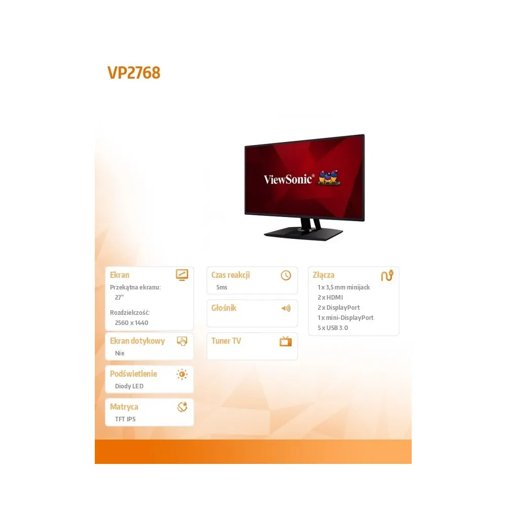 Monitor ViewSonic VP2768 1DD111 - 27"/2560x1440 (QHD)/IPS/5 ms/pivot/Czarny