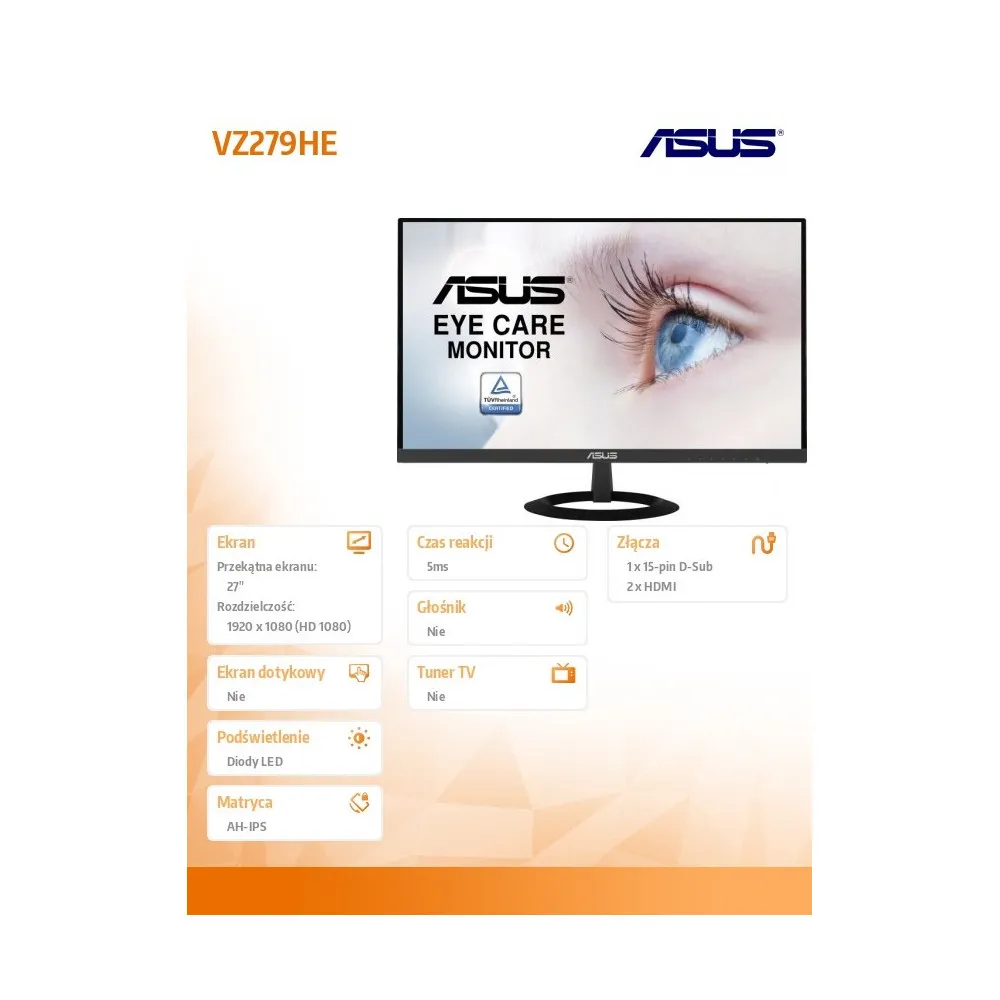 Monitor ASUS VZ279HE 90LM02X0-B01470 - 27"/1920x1080 (Full HD)/60Hz/IPS/FreeSync/5 ms/Czarny - zdjęcie