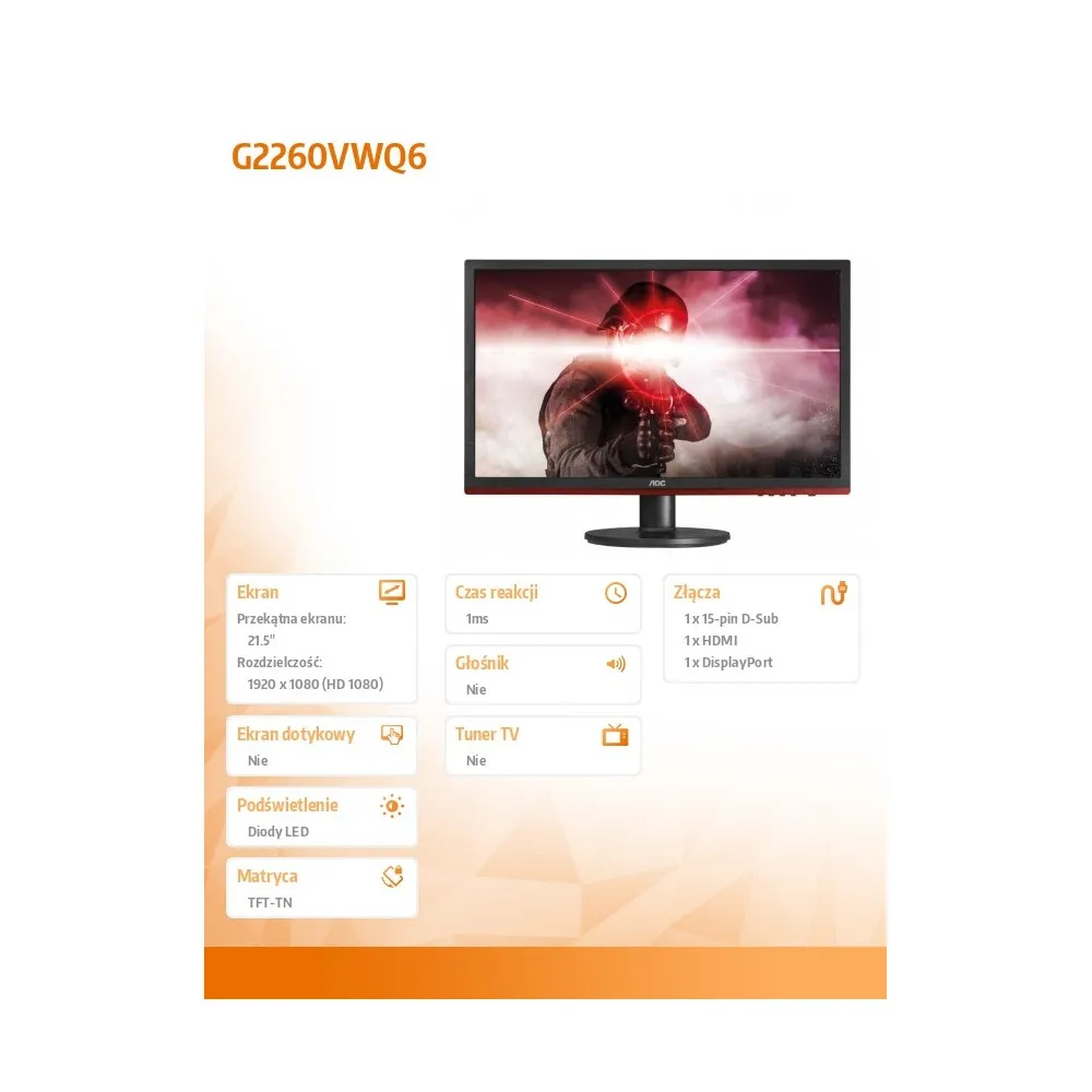Monitor AOC G2260VWQ6 - 21,5"/1920x1080 (Full HD)/75Hz/TN/FreeSync/1 ms/Czarny