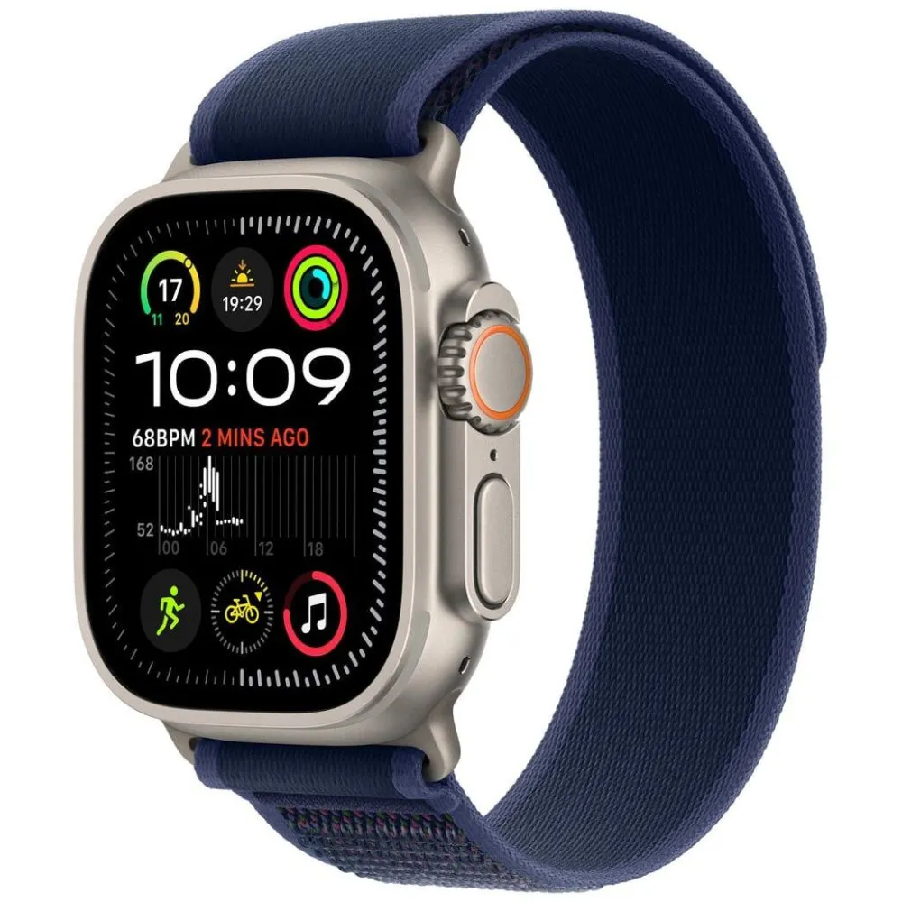 Smartwatch Apple Watch Ultra 2 MX4J3WB/A - 49 mm GPS + Cellular naturalny tytan z opaską Trail w kolorze niebieskim, rozm. S/M
